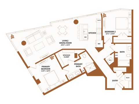 A floor plan of a house with a living room, dining room, kitchen, two bedrooms, a bathroom, a closet, and an entry.